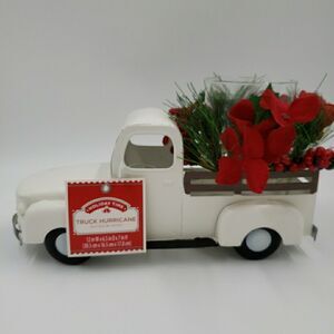 White Metal Christmas Truck Farmhouse Rustic Hurricane Candle Holder Table Decor